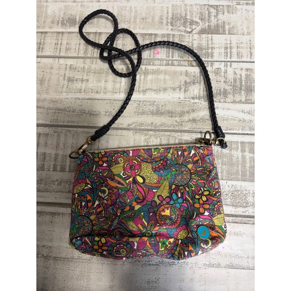 Sakroots Crossbody Bag Colorful Floral Print Black Leather Trim - Picture 3 of 7